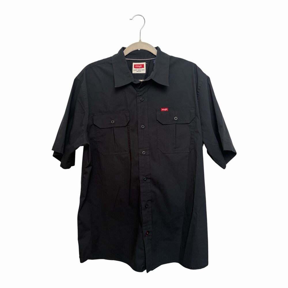 Wrangler Short Sleeve Button Up Work Shirt Black Mens Large Utility Cotton Blend